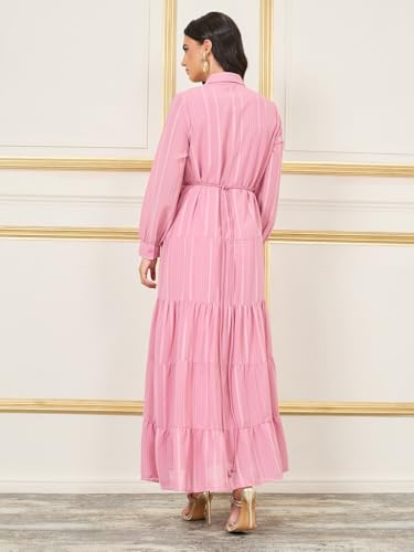 Image of Styli Women'S Striped Tiered Shirt Maxi Dress with Buckle Self Tie Up Dress | Long Cuffed Sleeves | Shirt Collar | Polyester Fabric | Button Closure Pink