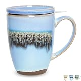 Bosmarlin Ceramic Tea Cup with Infuser and Lid, 13.5 Oz, Loose Leaf Tea Steeper Mug with Strainer, Microwave and Dishwasher Safe, Reactive Glaze(13.5 Oz, Light Blue)
