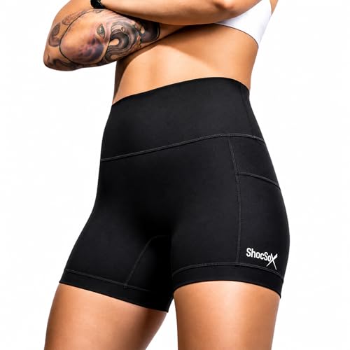 ShocSox Women’s Running Compression Shorts – 5" No-Ride-Up with Leg Grippers, Pockets, Quick-Dry, High-Rise Waist (US, Alpha, Large, Regular, Regular, Black)