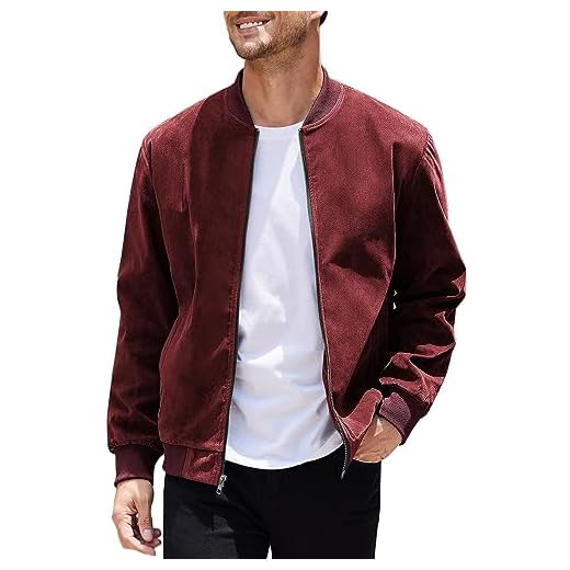 COOFANDY Jaqueta masculina casual universitária vintage leve de camurça bomber, Vinho tinto, G