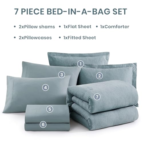 Monbix King Size Comforter Set,7 Pieces Dusty Blue Cationic Dyeing Bed in a Bag King with Comforter, Sheets, Pillowcases & Shams, All Season Reversible Bedding Comforters