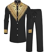 ZSJR Mens African 2 Piece Set Metallic Traditional Suit Gold Stamp Printed African Dashiki Shirt ...