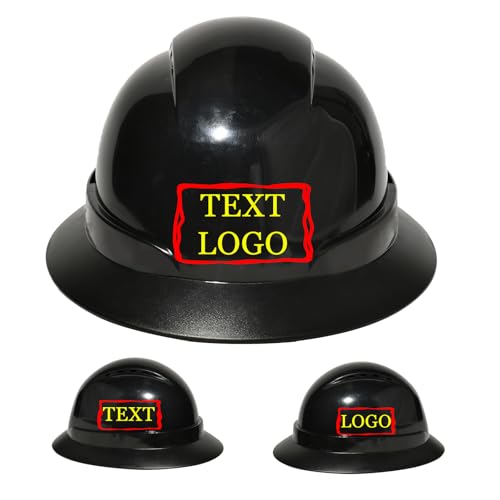 Personalized Custom Full Brim Vented Hard Hat Customized Text Logo Image on Construction Safety Helmet 6 Point Ratchet Suspension(Black)