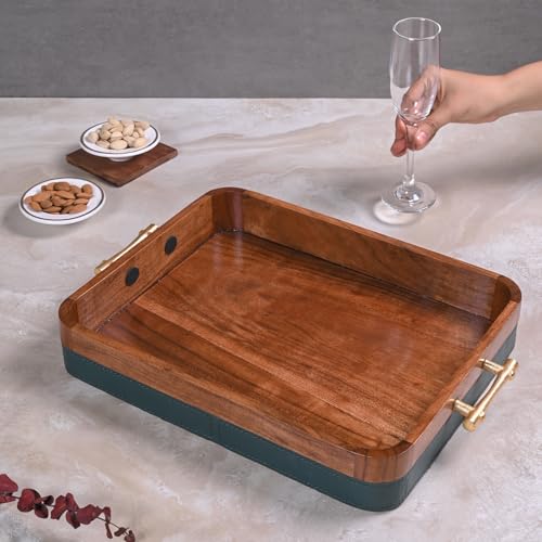 Image of Wooden Tray & Cutlery Holder Combo - Premium Leather Tray & Utensil Organizer, Elegant Dining Table Spoon Stand, Office Desk Storage, Leather-Fabric, Stylish & Functional