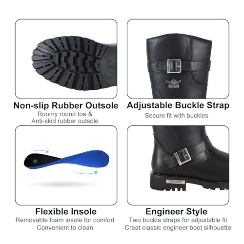 Dream Apparel Mens 11in PU Leather Motorcycle Engineer Boots for Riding, Waterproof Biker Boots with Full Length Side Zipper, Black Faux Leather Mid Calf Footwear4