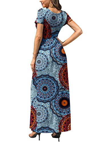 Db Moon Women's Casual Maxi Dresses Short Sleeve Empire Waist Long Dress For Beach With Pockets(Flower Mix Blue, L) #TOP4