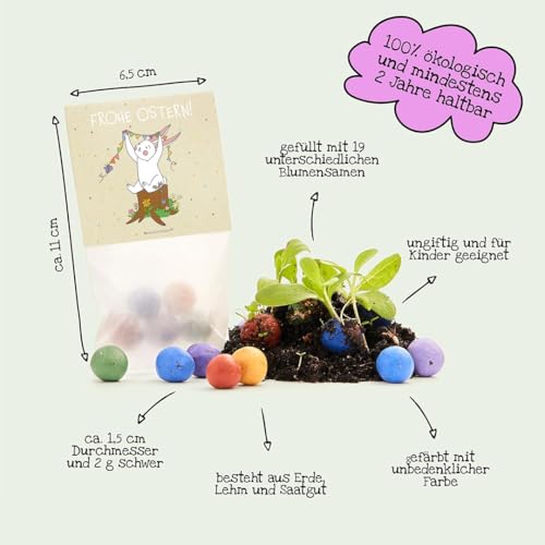 Ostergeschenk Frohe Ostern – Set aus 10x5 bunten Blumenmurmeln l Kleine Saatkugeln in einem Tütchen mit Hasen-Motiv und Lichterkette l Geschenk zu Ostern l Geschenkidee Ostern l Ideal fürs Osternest