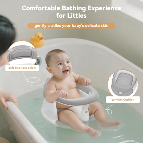 Baby Bath Seat for Babies 6 Months & Up - 360° Protection Baby Bath Chair with Temperature Alert & Cushion | Non-Slip Toddler Bathtub Seat | Newborn Infant Bath Tub Seats for Babies Sitting Up (Grey)