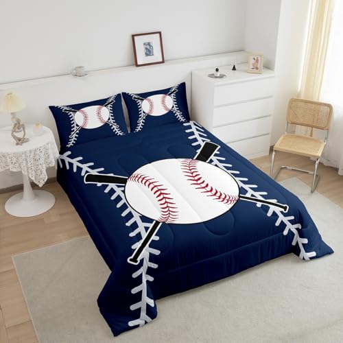 Image of Feelyou Softball Comforter Set King Size Kids Baseball Comforter for Boys Girls Teens Baseball Gaming Bedding Set Sports Theme Navy Blue Quilt Set