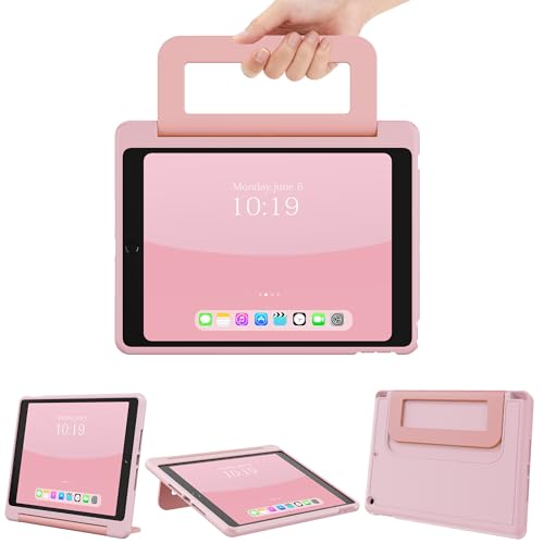INFILAND Kids Case for iPad 9th/8th/7th Generation 2021/2020/2019 10.2 inch Durable Soft Shockproof Stand Protective Cover with Pencil Holder/Handle for iPad 7/8/9 Gen (Light Pink)