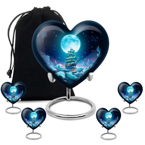 KARYLIZ Sailing Ship Heart Shaped Funeral Urn for Ashes Adult Male Combo of 5-8 Inch Burial Urn for Mom, Women & Female and 3 Inch Mini Blue Keepsake Cremation Urns for Dad & Mother - Ash Holder
