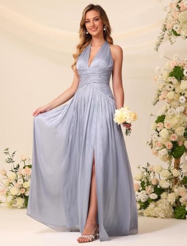 Image of Shimmer Chiffon Bridesmaid Dresses Halter Formal Gown