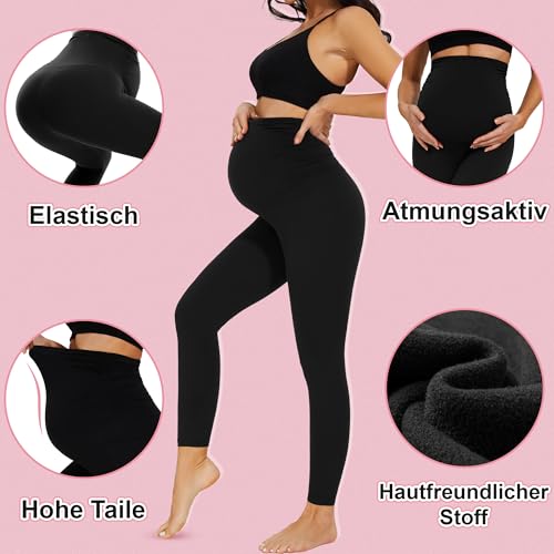 HIPOWER 2er Pack Umstandsleggings Damen High Waist Umstandsmode Weich Schwangerschaftsleggings Blickdicht Sport Umstandshose Elastisch Maternity(Schwarz*2,XL)