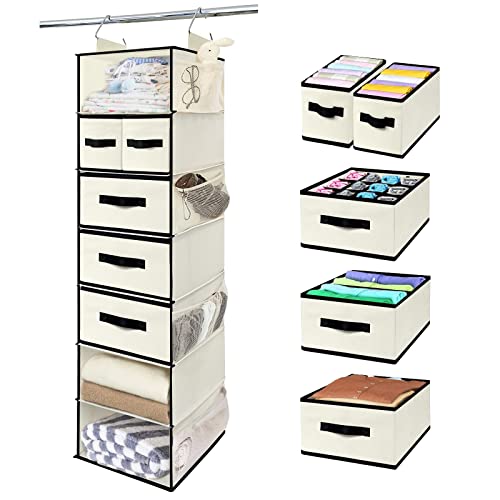 VERONLY Hanging Wardrobe Storage Organizer 7 Shelves, Hanging Shelves for Closet with 5 Removable Drawers, Hanging Clothes Organizer for Bedroom, 12'' x 13.6'' x 49'' (Beige)
