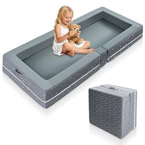 Portable Toddler Travel Bed – Foldable Toddler Floor Bed for Kids with 10cm Extension Foam, Easy to Assembly, Removable Washable Cover for Home, Travel & Daycare Use (Grey)