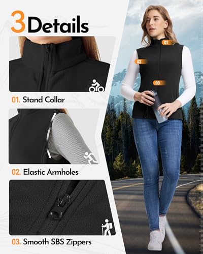 Outdoor Ventures Damen Fleece Weste Ultraleichte Polar Fleeceweste Dünne Outdoor Luafwesten für Frauen Ärmellos Jacke mit 4 Taschen Frühlings Herbst für Laufen Wandern Camping, Schwarz 2XL