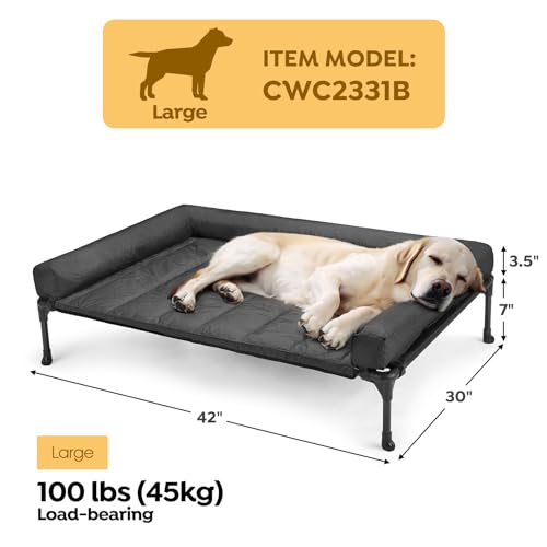 Veehoo Outdoor Hundeliege erhöht, Hundebett Erhöht mit abnehmbarem Bloster Kühlendes Erhöhtes Hundebett mit Atmungsaktivem Teslin-Netz für Haus und Garten, Schwarz 107 x 76 x 18cm