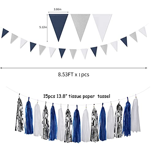 Image of Navy Blue White Silver Party Decorations,23pcs Kit Graduation 2026 Tissue Paper Pom Poms Streamers,Tassel Garland Banner Flowers,Men Birthday Bachelorette Baby Shower Christmas Decor Lasting Surprise