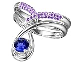 Non diamond engagement ring set by Majade. Blue sapphire engagement ring, Amethyst wedding band, unique wedding ring set. Handmade solid 14k white gold ring set. Diamond alternative engagement rings