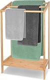 FoverOne Bamboo Towel Rack for Bathroom, 3 Tier Floor Freestanding Towel Holder Organizer with Bottom Storage Shelf for Hand Towels, Small Bath Towel and Bathrobe