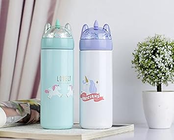 Unicorn Kid Water Bottle for School with Lid Sparkling Glitter Pony Bottle Stainless Steel Cup Vacuum Bottle Girl Birthday Gift (B white unicorn, 330ml)