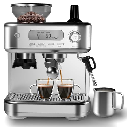 Máquina de café espresso de 15 bares con pantalla LCD con molinillo, espumador de leche y control de temperatura PID, cafetera profesional para café