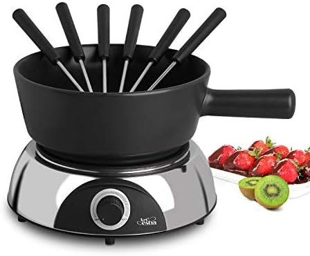 Artestia 2-QT Electric Fondue Pot Set 1500W Ceramic Chocolate Melting Pot Adjustable Temperature Control 6 Fondue Forks for Chocolate Cheese, Black Ceramic Pot with Glossy Base