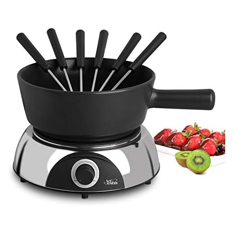 Artestia 2-QT Electric Fondue Pot Set 1500W Ceramic Chocolate Melting Pot Adjustable Temperature Control 6 Fondue Forks, Cool-Touch Handle, for Chocolate Cheese, Black Ceramic Pot with Glossy Base Cover