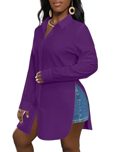 Image of LYANER Women's Collar Neck Long Sleeve Button Down Shirts Sexy Split Hem Tops Long Blouse Shirt Dress