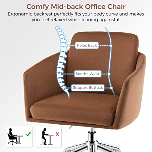 Giantex Home Leisure Chair, Height Adjustable Swivel Desk Chair, Ergonomic Mid-Back Chair W/Metal Base, Office Arm Chair, Modern Vanity Chair, Rolling Task Chair For Bedroom Study (Brown) #TOP7
