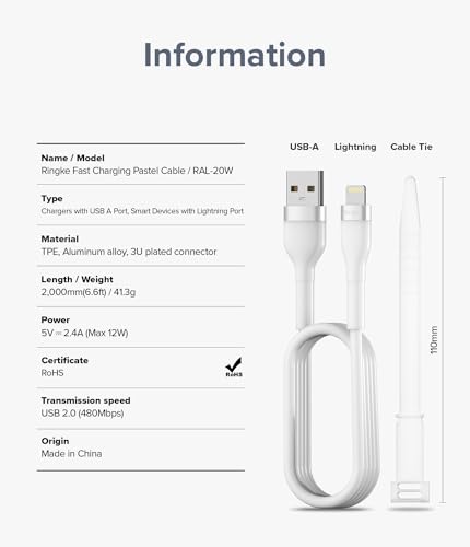 Cable Lightning USB A Ringke de 2 metros blanco para iPhone 14 y iPad 7
