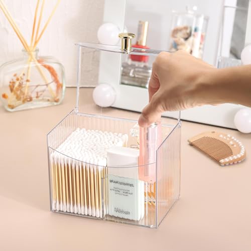 Image of Tbestmax Qtip Holder Dispenser 2-Section Clear Bathroom Organizer 2 Grids Cotton Swab /Pad /Ball Holder Container Cosmetics Storage for Vanity