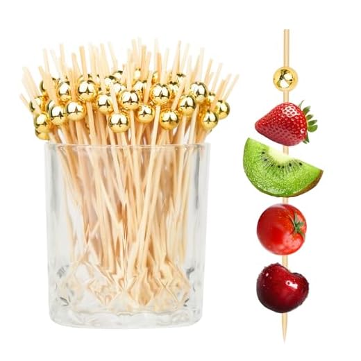 200PCS Cocktail Picks, Fancy Toothpicks for Appetizers, Decorative Skewers for Appetizers Drinks Party Fruit, 4.7 Inch Long Wooden Bamboo Gold Ball Food Sticks Charcuterie Boards Accessories