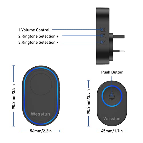 Wesstun-Wireless-Doorbell-Waterproof-Plug-in-Doorbell-Operating-at-The-Range-of-300m-with-39-Chimes-5-Levels-Volume-Adjust-LED-Indicator-Easy-Install-at-Home-Apartment-Warehouse-Black