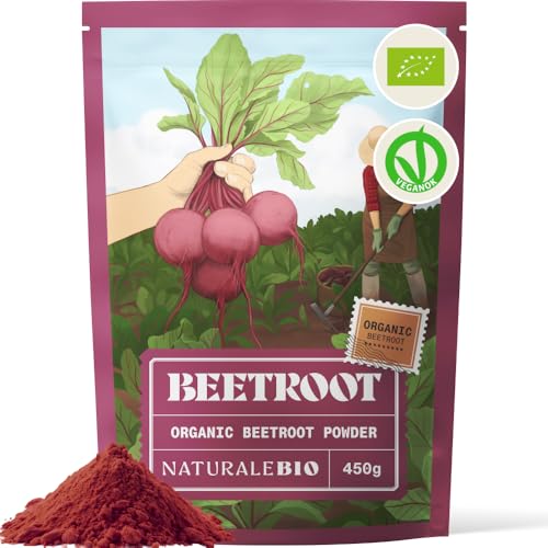 Image of NaturaleBio Beetroot Powder 450g. Organic beetroot powder made from dehydrated root. Naturally rich in nitrates and antioxidants. Suitable daily use as part of a balanced diet. Vegan and gluten-free.
