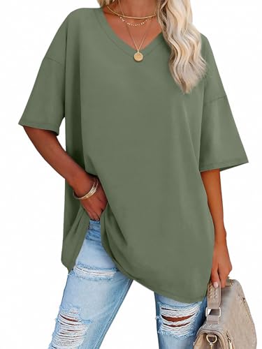 Image of ATHMILE Womens Oversized Shirts V Neck Plus Size Spring Workout Summer Tops Beach Vacation 2026 Gym Clothes Basic Tee