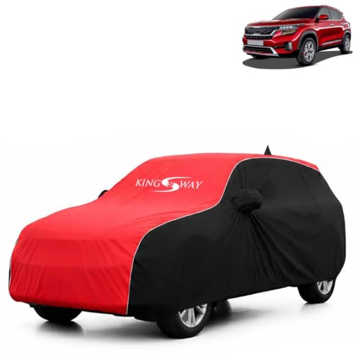 Image of KINGSWAY Super Waterproof Car Cover Only with Kia Seltos (Year 2019 to 2023 - All Model) | Mirror and Antenna Pockets | All Weather Car Body Cover with Silver Piping | Black Red