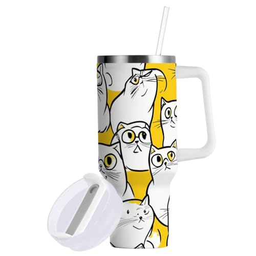 Vaso al vacío de 40 onzas con pajilla, resistente a fugas, diseño de dibujos animados, gatos blancos, amarillo, botellas de agua de manantial, boca ancha, taza de viaje para café, a prueba de