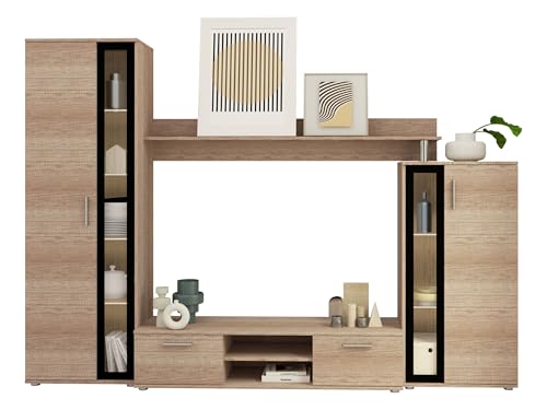 Mirjan24 Wohnwand Bentley, Praktische Anbauwand, Schrankwand, Mediawand, mit viel Stauraum, Top-Qualität (Country Oak Grey/Schwarz, mit LED Beleuchtung)