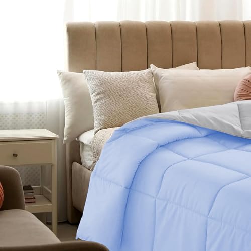 Image of Quilt for All Season 150 GSM Comforter Duvet /Ac Blanket Single Bed Soft Microfiber Lightweight (60 inch X 90 inch Inches) - Single Bed Comforter - Sky Blue /Silver Grey Color