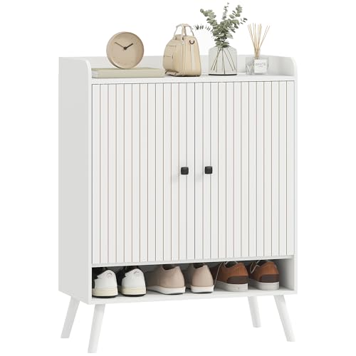 HOMCOM Zapatero de 2 Puertas en Lamas, Zapatero Entrada Recibidor con Estantes Ajustables, Compartimento Abierto, para 15 Pares de Zapatos, 75x35x97 cm, Blanco