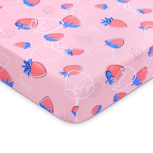 Image of Baby Fitted Crib Sheet Soft Microfiber 52 inch x 28 inch Crib Mattress Sheet for Girls Breathable Baby Bedding with Strawberry Pattern Design Pink