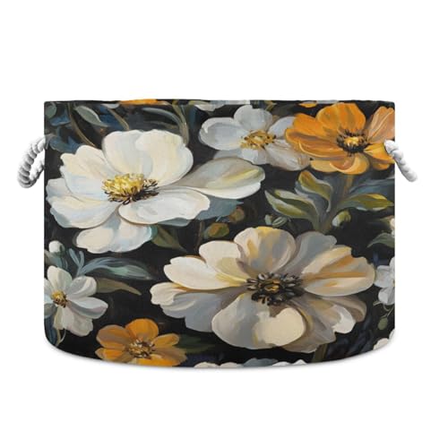 DUOBU Large Cotton Rope Basket Round Storage Basket White Flowers Laundry Hamper for Toys,Blankets,Nursery,Laundry 20x14 in