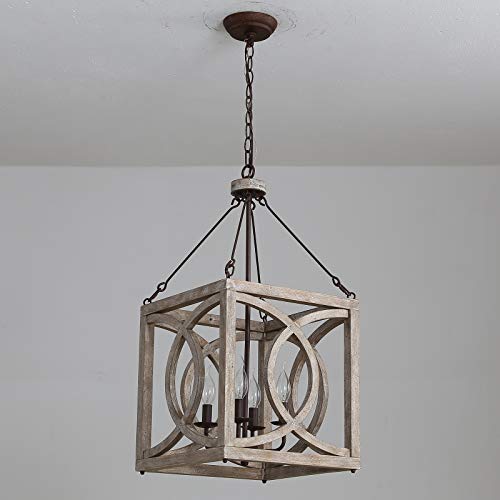 Farmhouse 4-Light Wood Chandelier Rustic Kitchen Pendant Light Fixture Square Wooden Chandeliers Ceiling Hanging Lighting for Dining Room, Island, Foyer,Entryway, Hallway,Bedrooms - Image 6