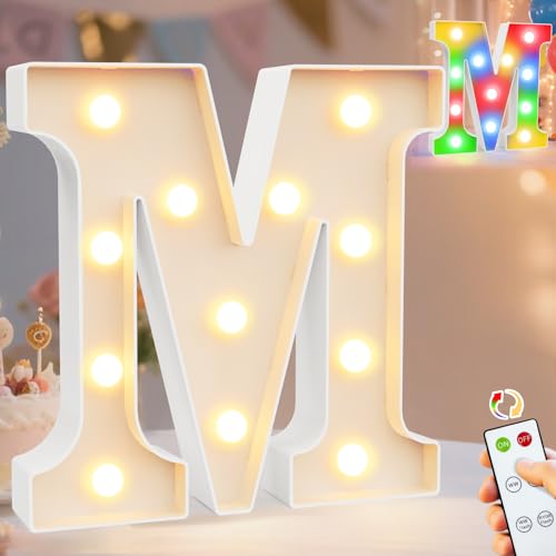Image of Pooqla LED Light Up Letters, Warm White and Colorful Lighted Marquee Letters with Remote, Lighted Letter for Party Birthday Decorations, Gift for Girls Boys Night Light, Wedding Home Decor, Letter M
