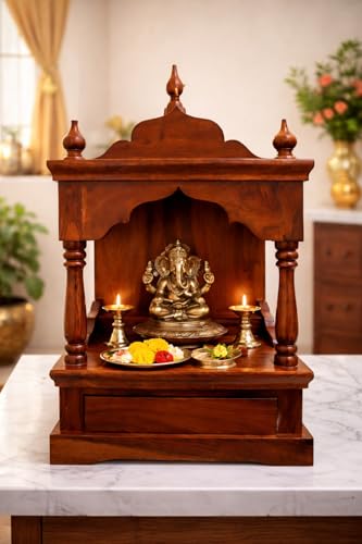 Image of Solid Sheesham Wood Wooden Mandir for Pooja Home Decoration Wall Mounten Beautiful Temple (Hight 75 X 42 X 28 CM)