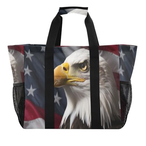 American Flag Bald Eagle Large Beach Bag Waterproof Beach Tote Bags for Women Travel Gym Pool