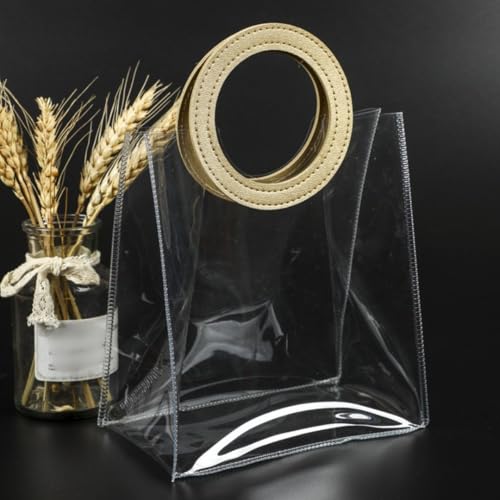 Image of SATYAM KRAFT 6 Pcs Transparent Round Leather Handle Goodie Bags |Gift Bag for Her /Him Wedding Return Gifts Christmas Valentine's Day Festivals Events Shopping Carry-Packing Bag Beige (27.5x24.5) CM