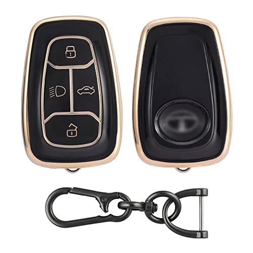 Image of Keyzone TPU Car Key Cover and Keychain Compatible for: Tata Nexon, Harrier, Tigor, Safari, Altroz, Punch Smart Key (Gold Black with Zinc Alloy Keychain)