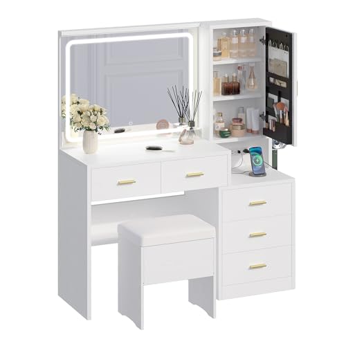 IRONCK Vanity Desk with LED Lights Mirror and Charging Station, Makeup Vanity Table with Storage Cabinet, Storage Bench, and Drawers for Bedroom, White